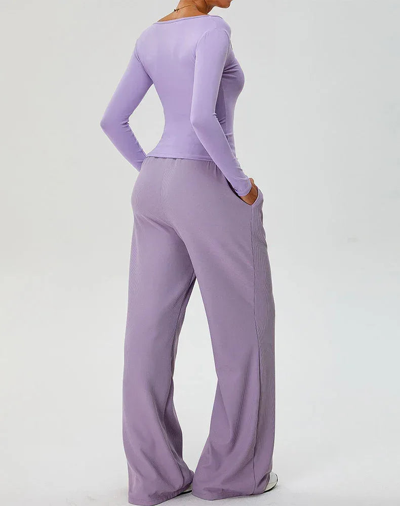 Activewear Set with Curved Neckline Top and Sweatpant -