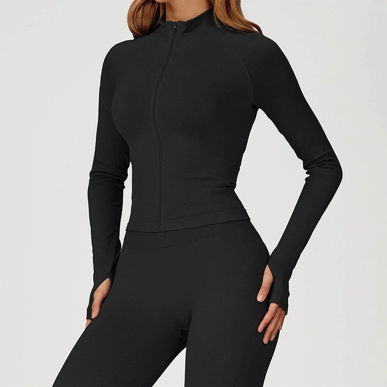 Zip Up Slim Athletic Jacket Yoga Crop Top with Thumb Hole -