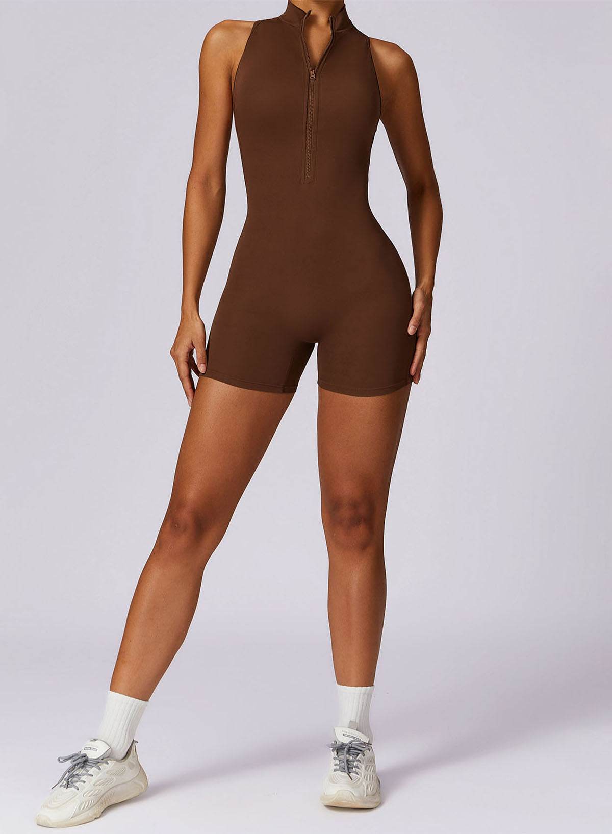 Zip Up Sleeveless Workout Shorts Jumpsuit