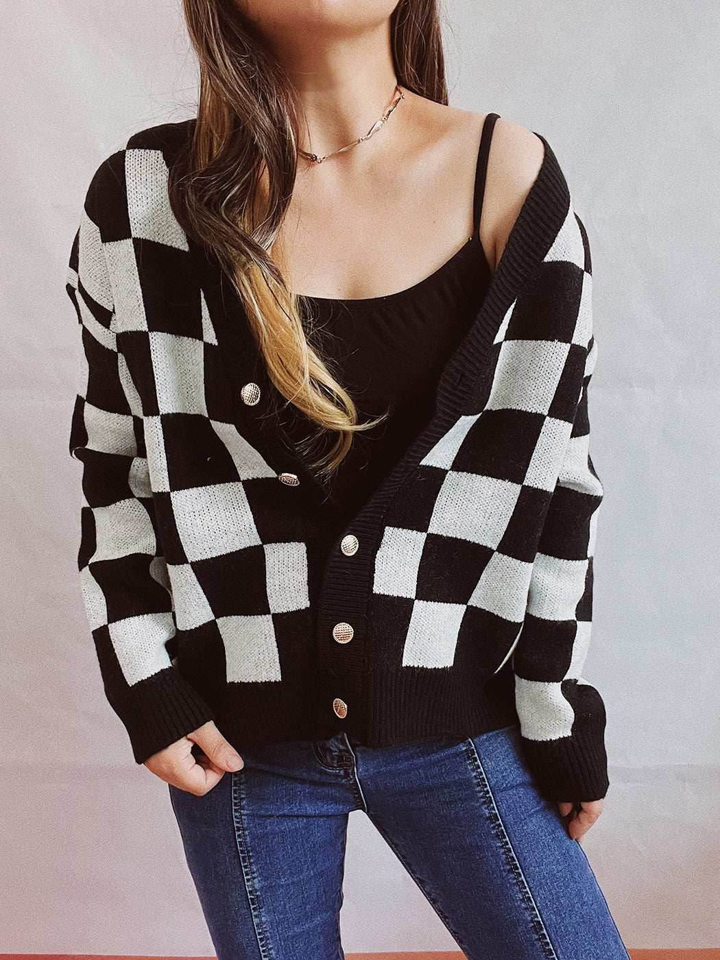 Plaid Color Block Cardigan Sweater