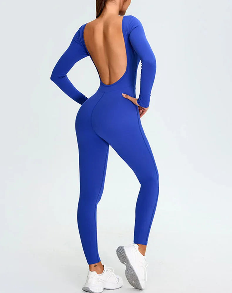 Long Sleeve Backless Workout Jumpsuit One Piece Bodysuit -