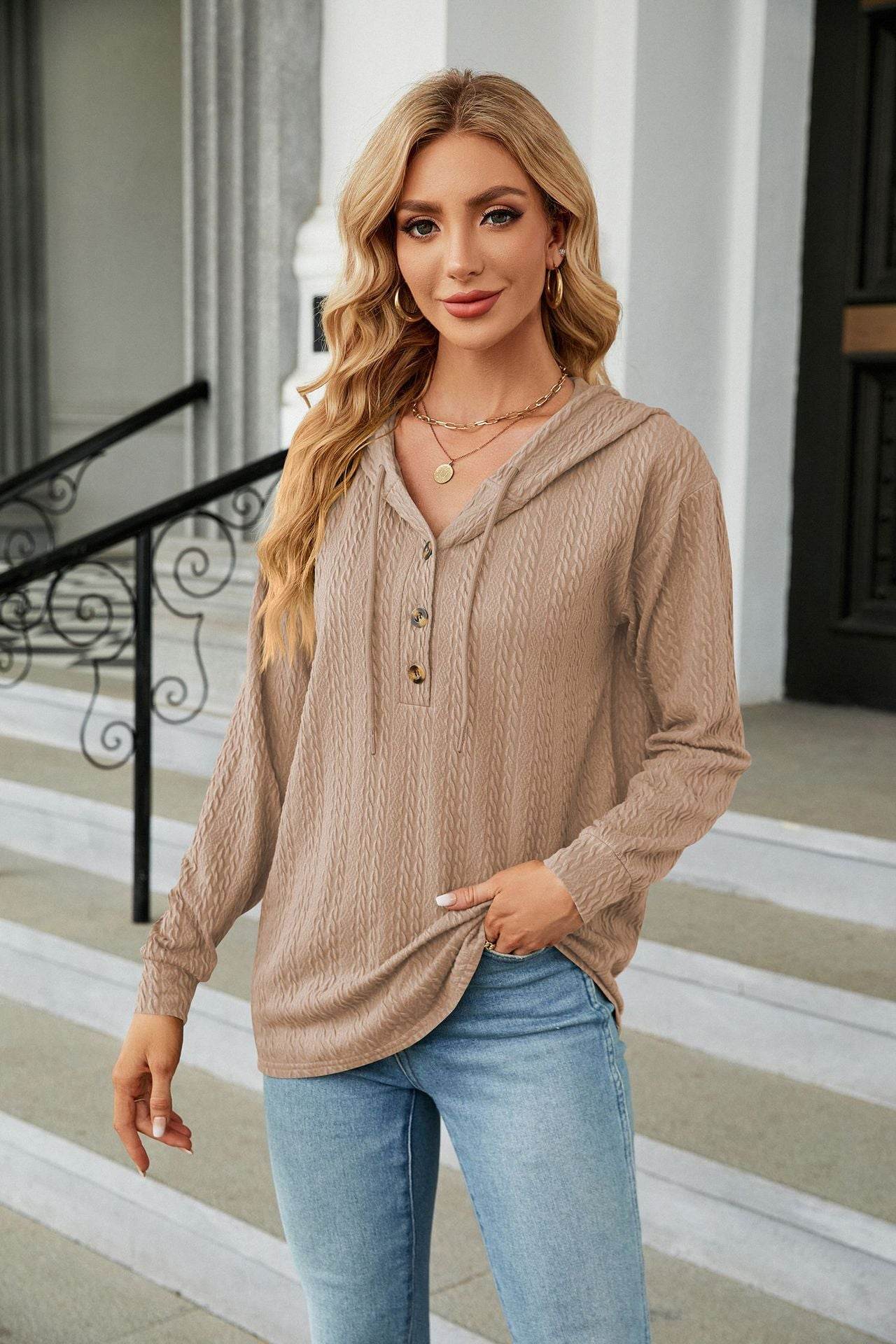 Button Hooded Sweatshirt Loose Long Sleeve Casual Tops