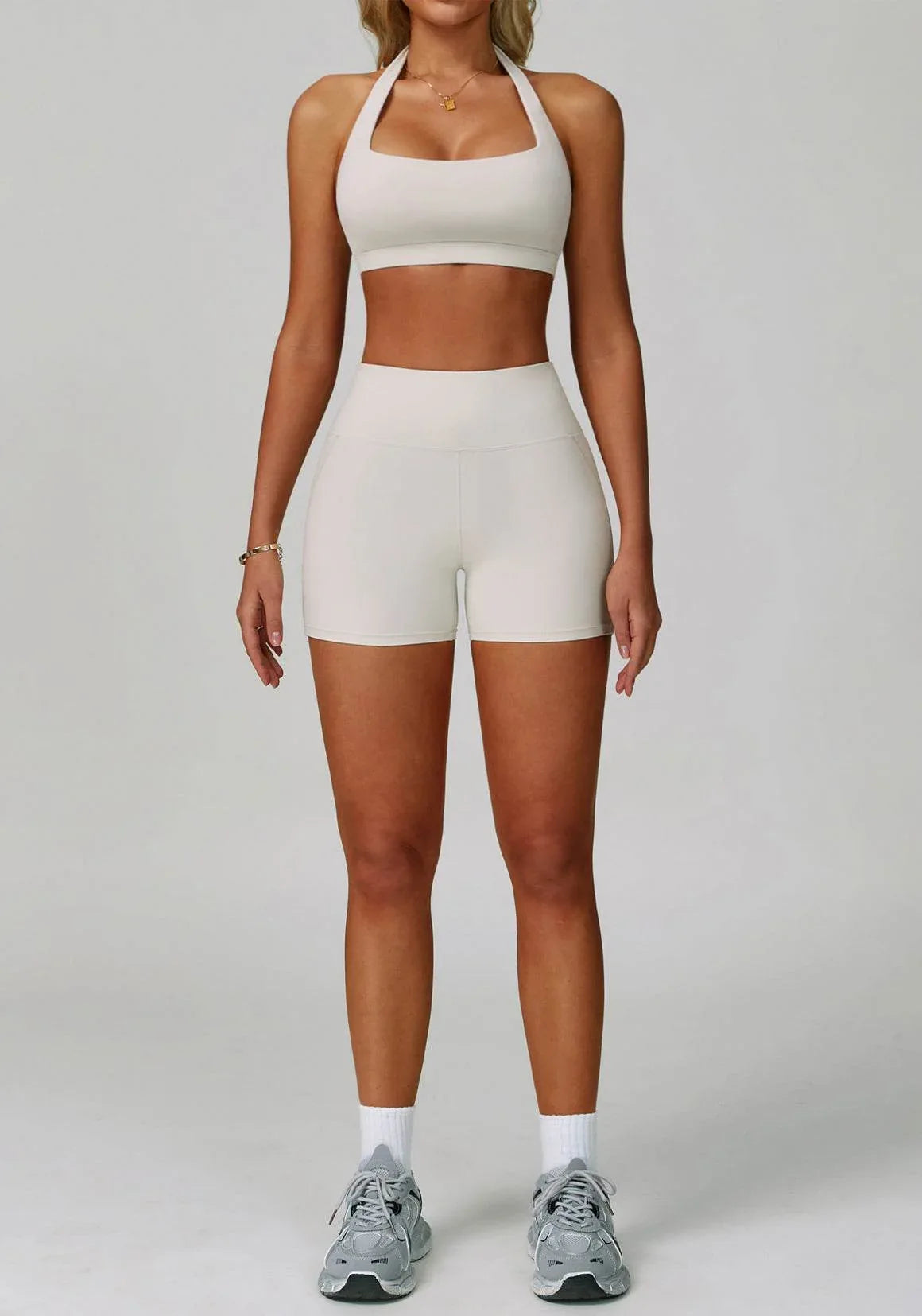 Activewear Set with Halter Sports Bra and Short - Light Apricot