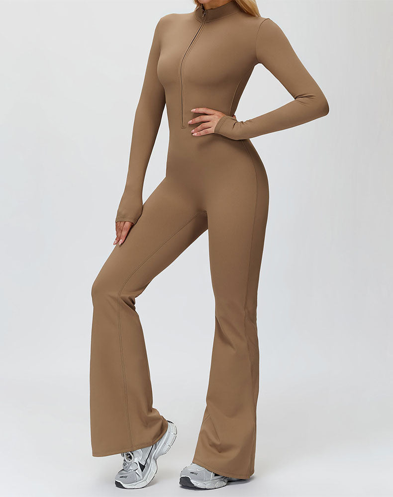 Long Sleeve Flare Workout Jumpsuit Zip Up Wide Leg Bodysuit