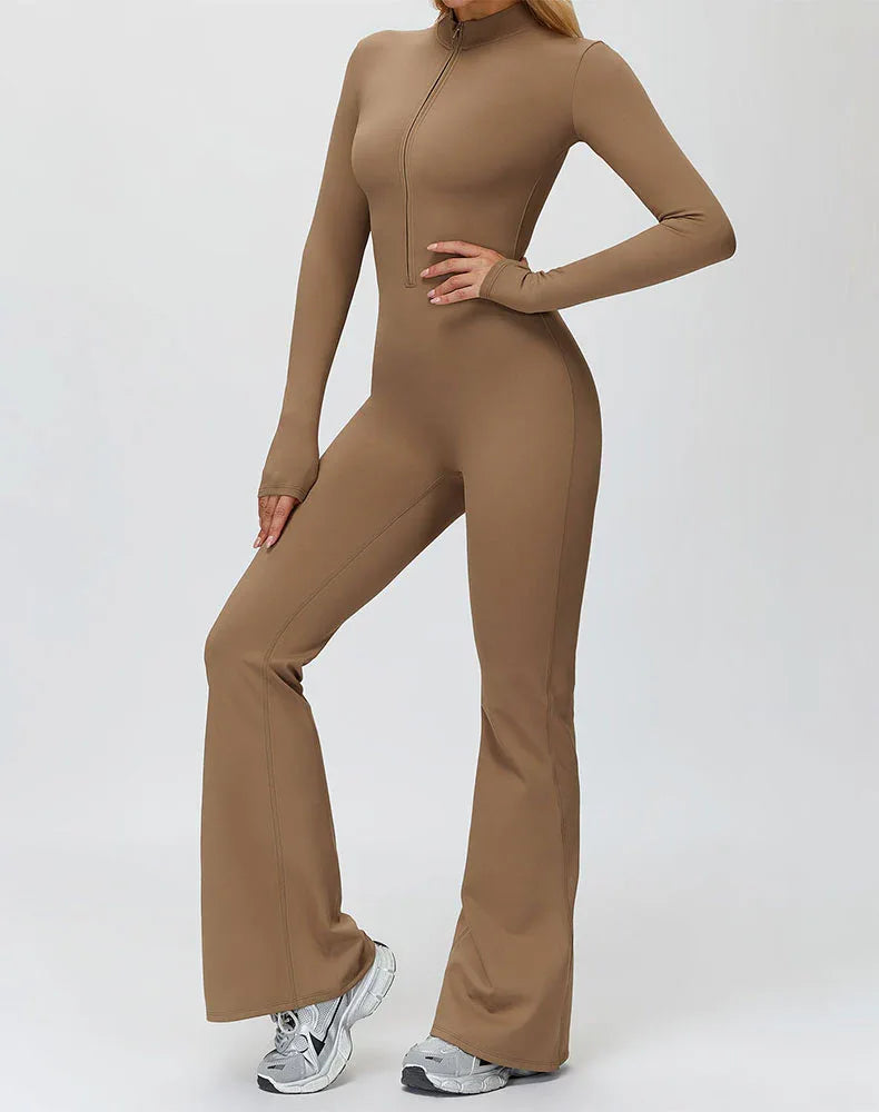 Long Sleeve Flare Workout Jumpsuit Zip Up Wide Leg Bodysuit -