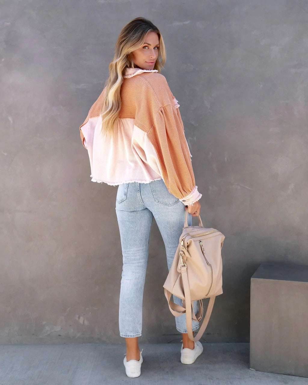 Denim Spliced Waffle Knit Cropped Jacket