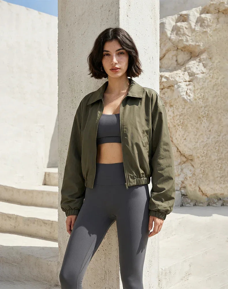 Stand Collar Casual Jacket Long Sleeve Tight Hem Crop Tops -