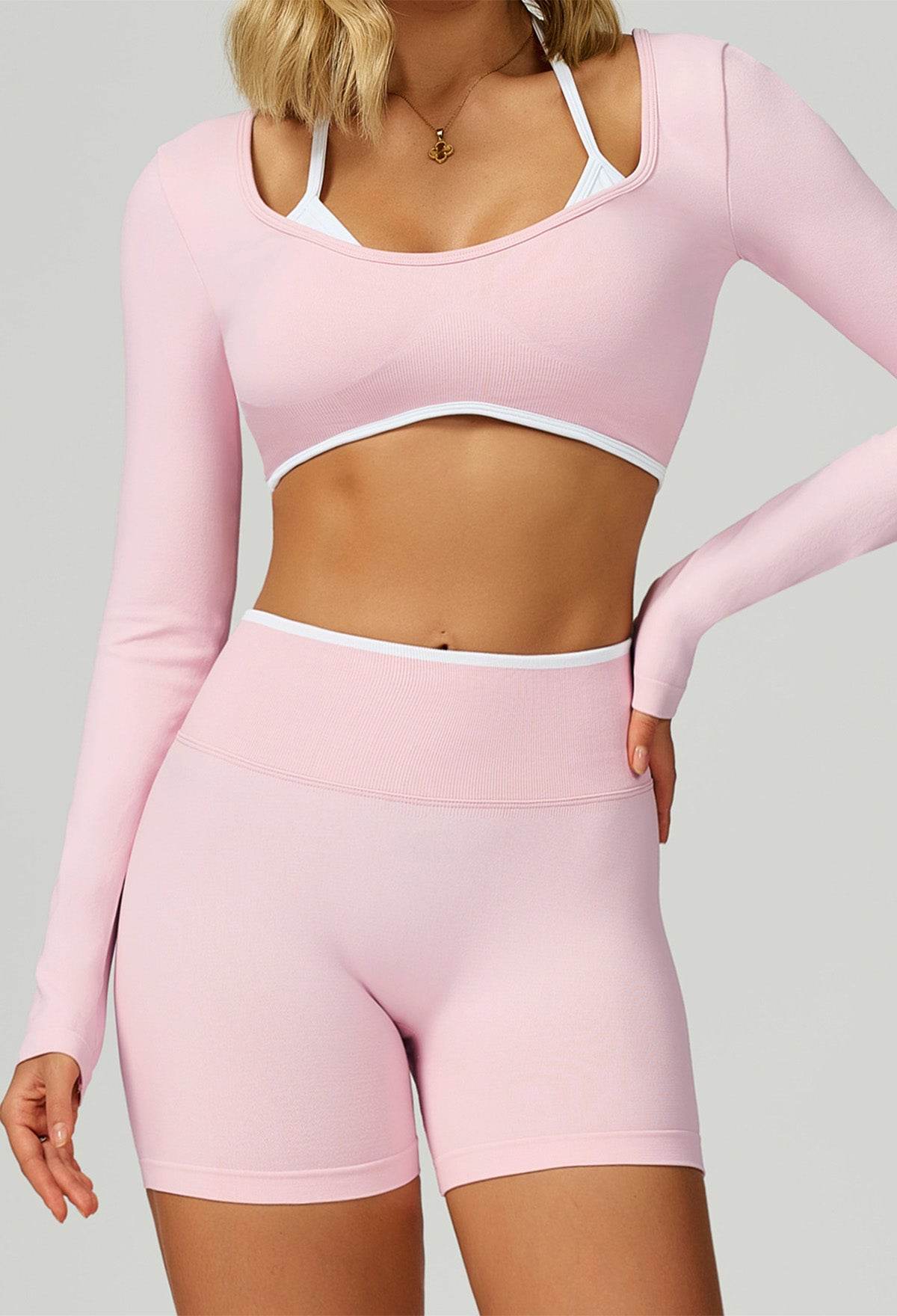 Sport Set with Color Block Long Sleeve T-Shirt and Short - White Pink