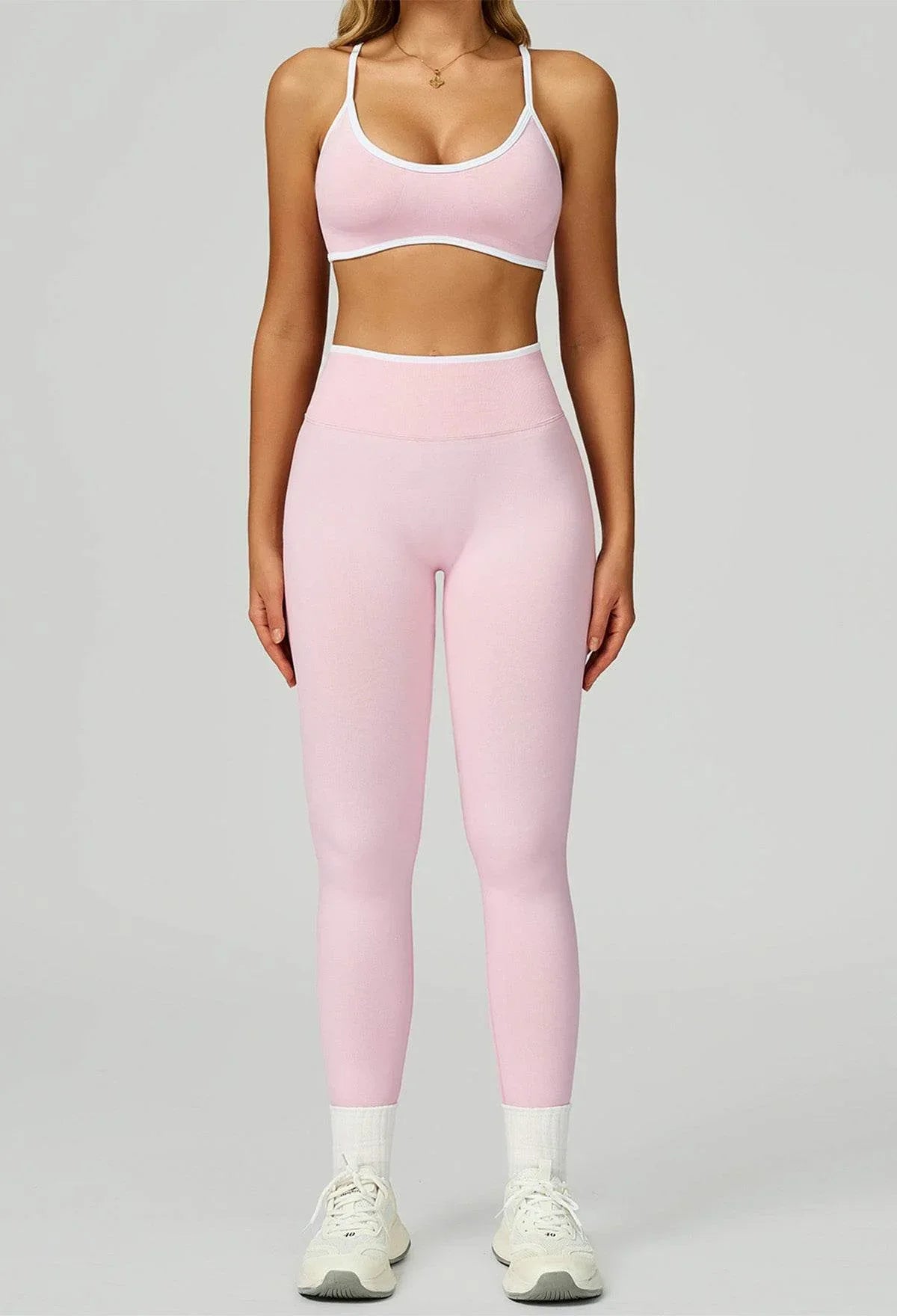 Sport Set with Color Block Sports Bras and Legging - White Pink