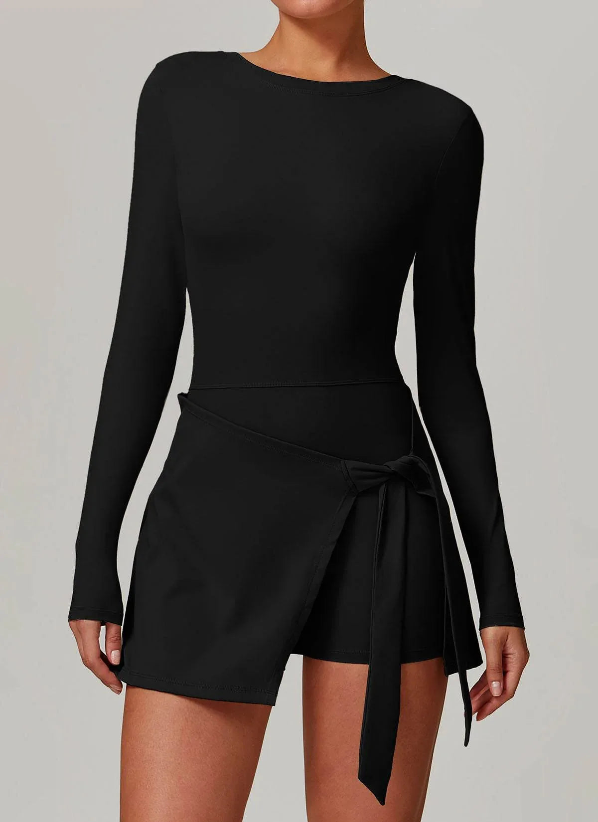 Long Sleeve Tennis Jumpsuit Dress With Shorts - Black