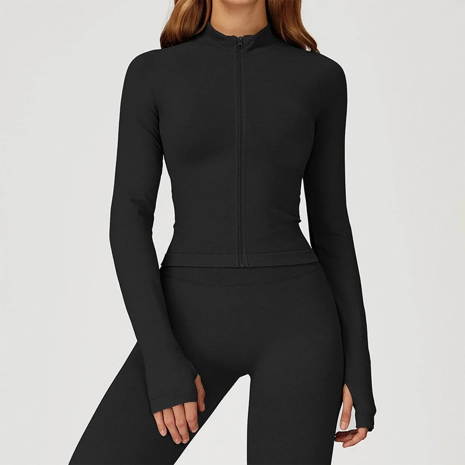 Zip Up Slim Athletic Jacket Yoga Crop Top with Thumb Hole -