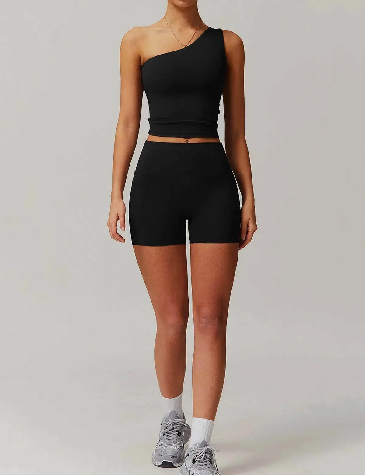 Solid Yoga Set with One Shoulder Tank Top and Short - Black