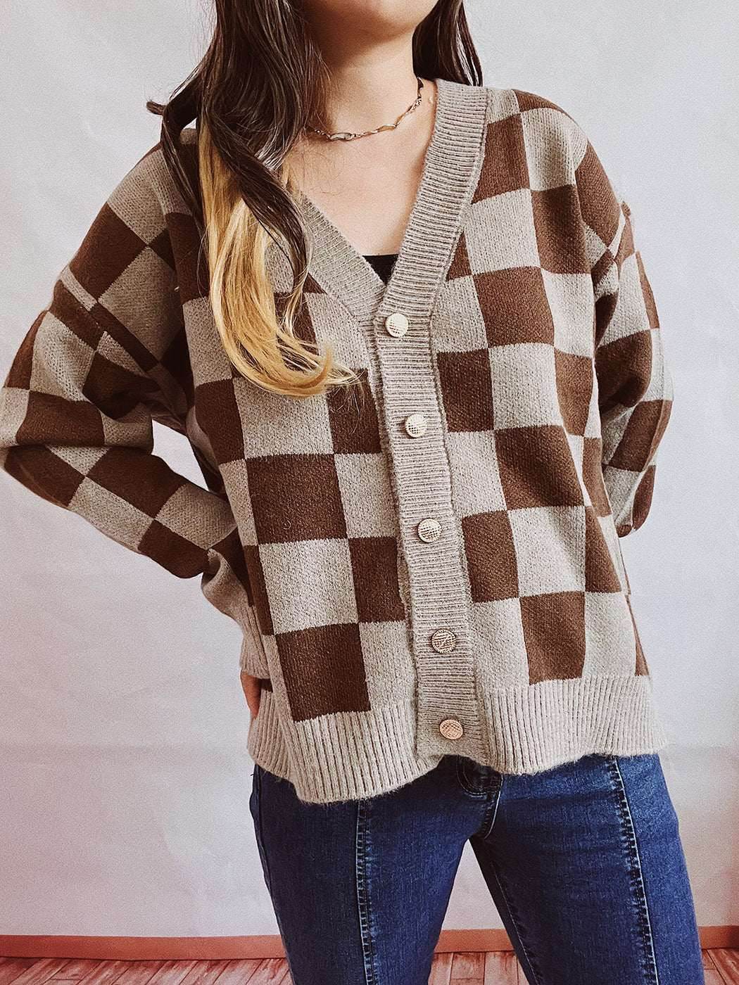 Plaid Color Block Cardigan Sweater