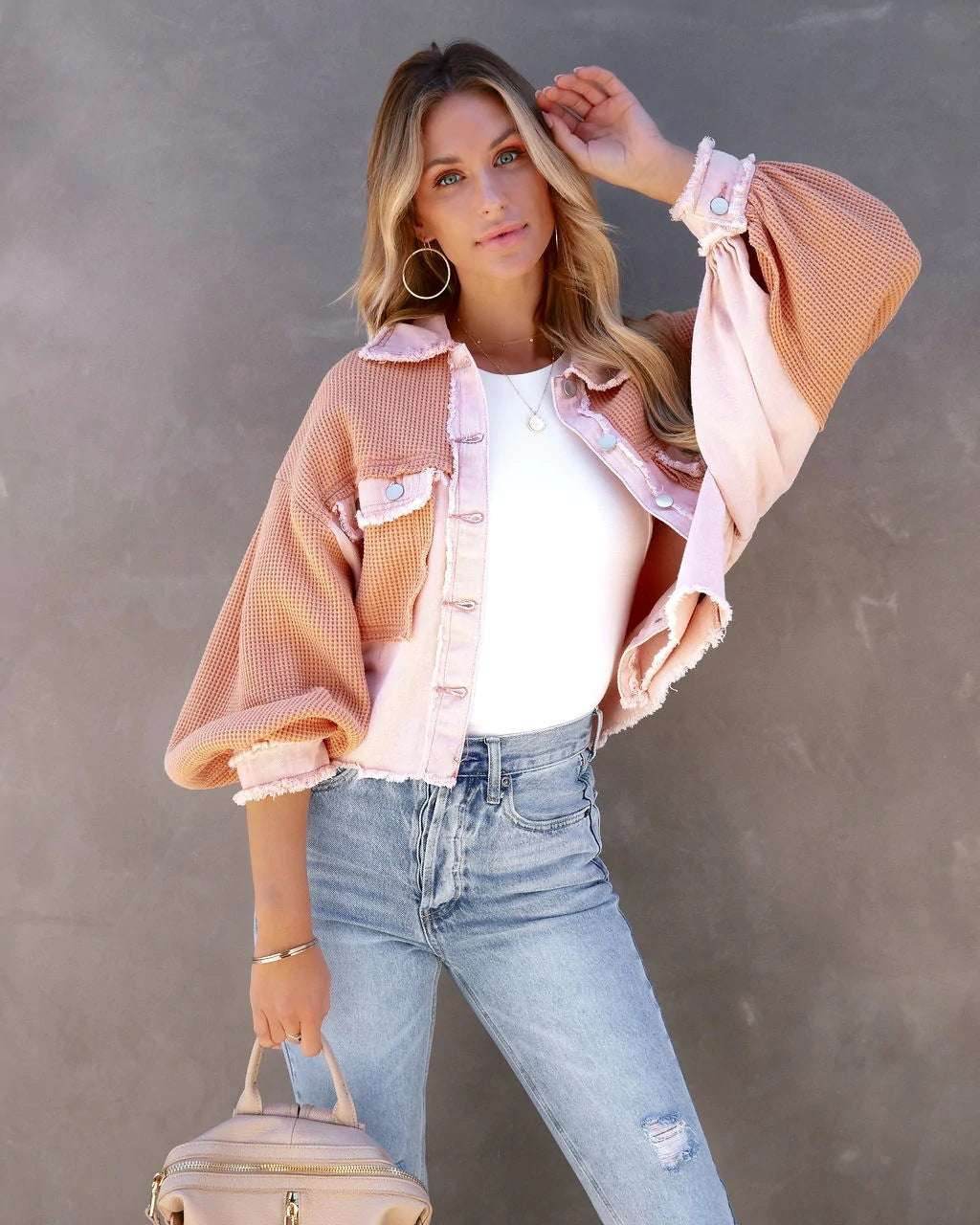 Denim Spliced Waffle Knit Cropped Jacket