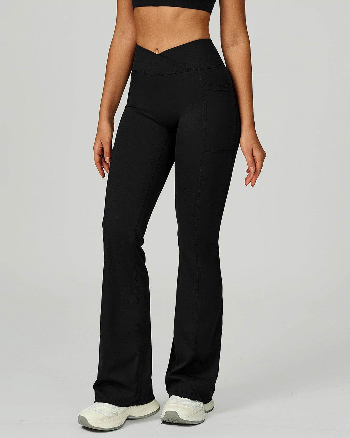Cross Waist Yoga Flared Pants with Pockets