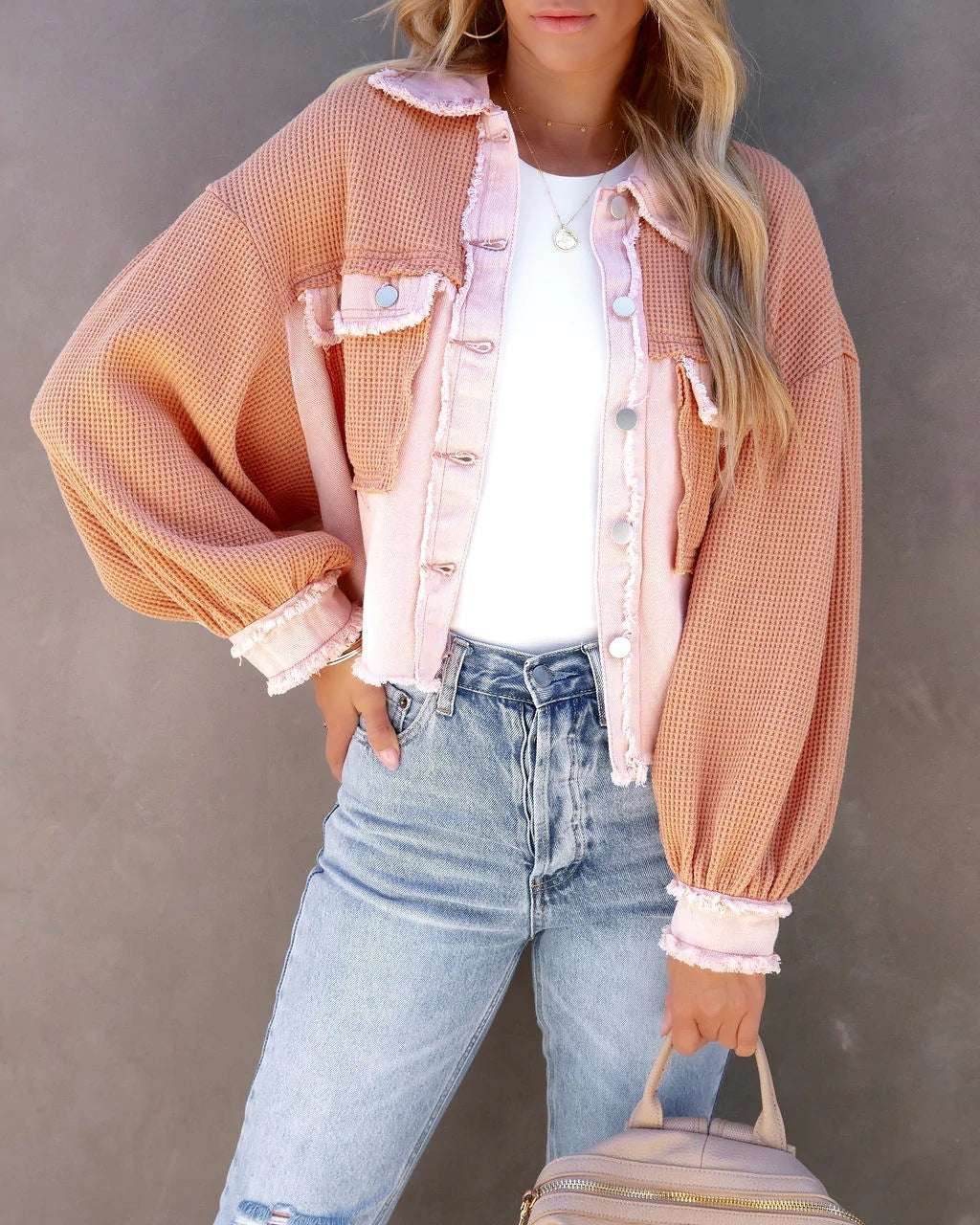 Denim Spliced Waffle Knit Cropped Jacket