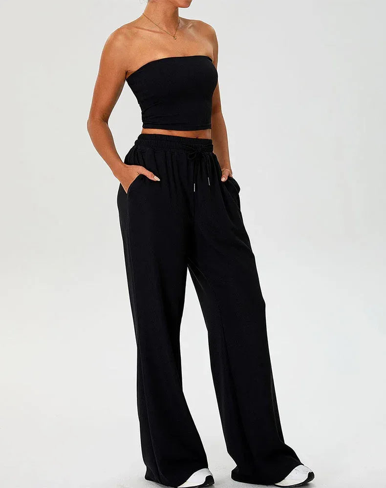 Activewear Set with Strapless Crop Tube Top and Sweatpant -