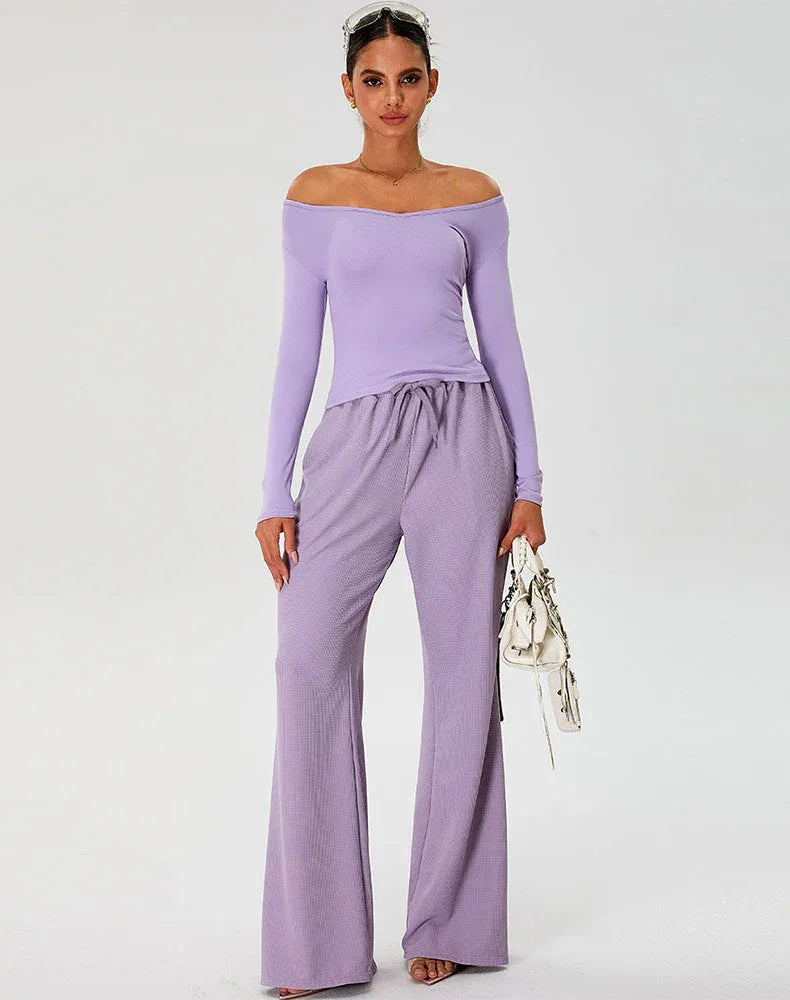 Activewear Set with Curved Neckline Top and Sweatpant - Purple