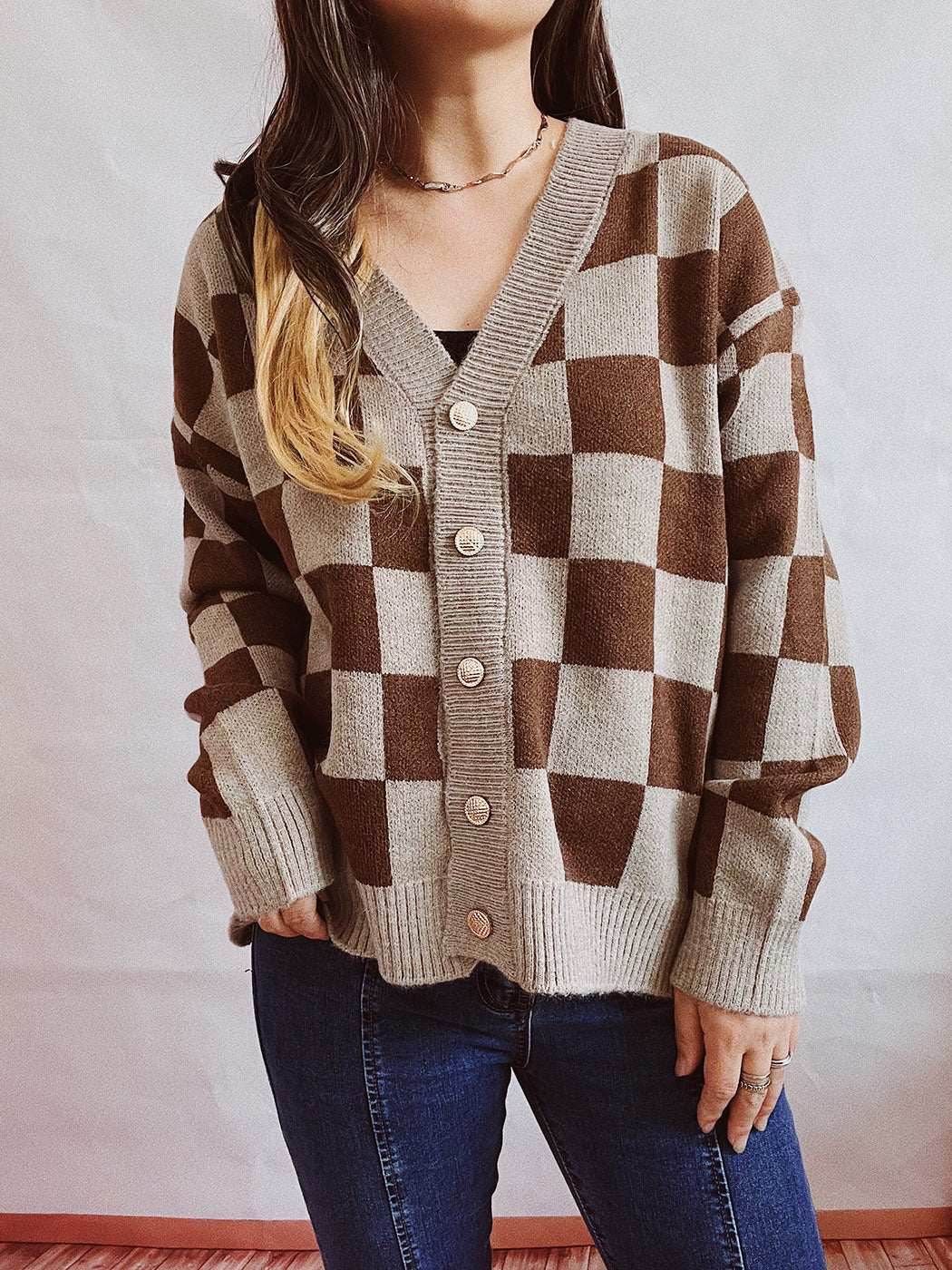 Plaid Color Block Cardigan Sweater