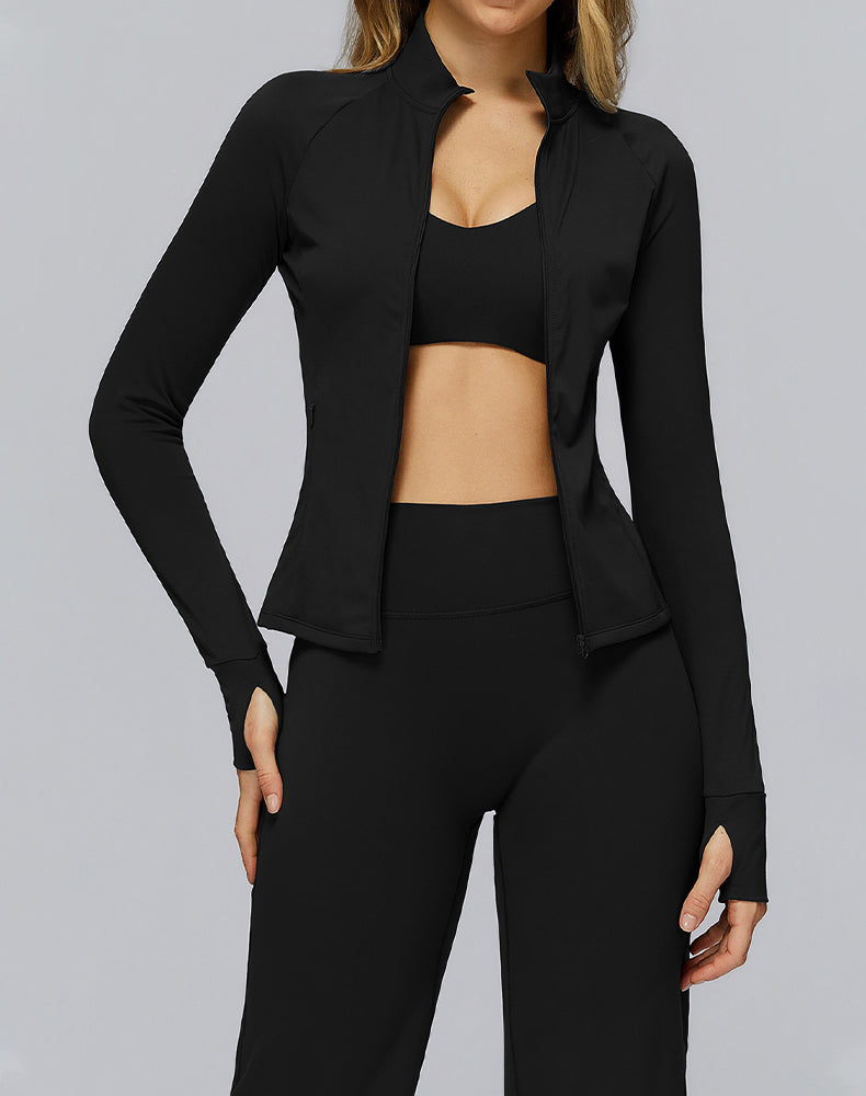 Cropped Athletic Jacket with Pockets and Thumb Holes