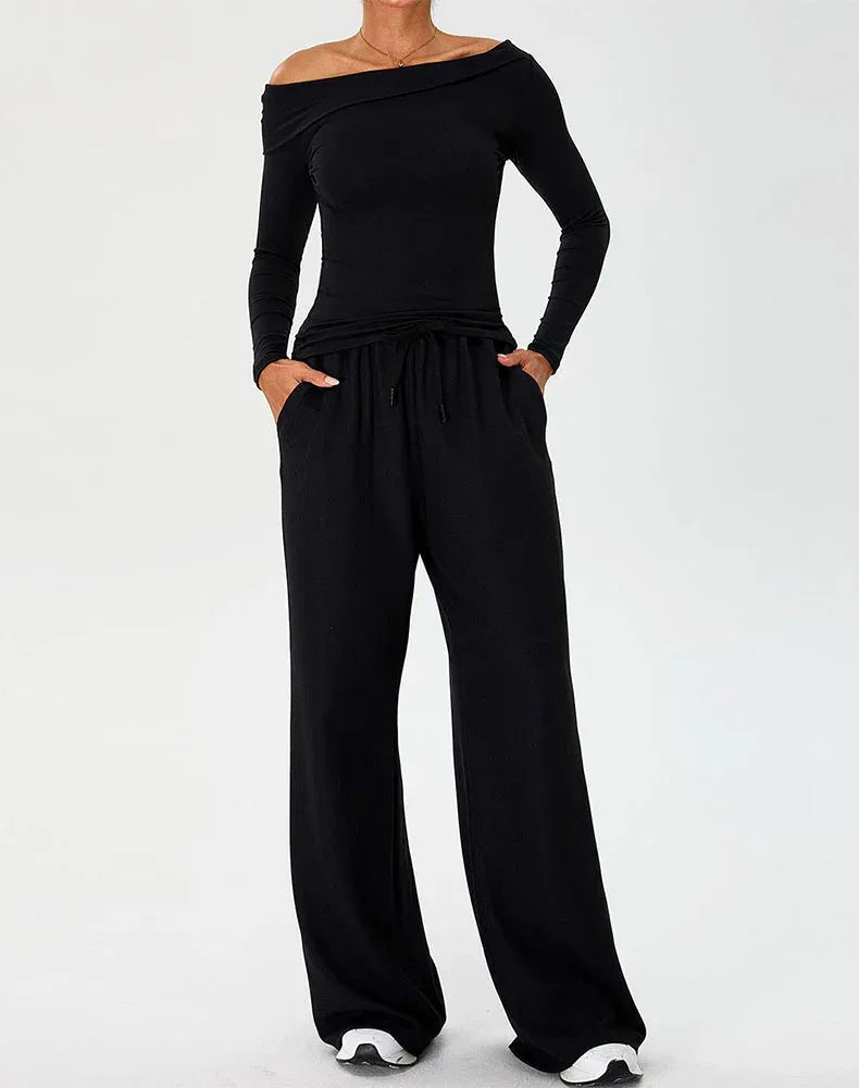 Activewear Set with Asymmetrical Shoulder Top and Sweatpant -
