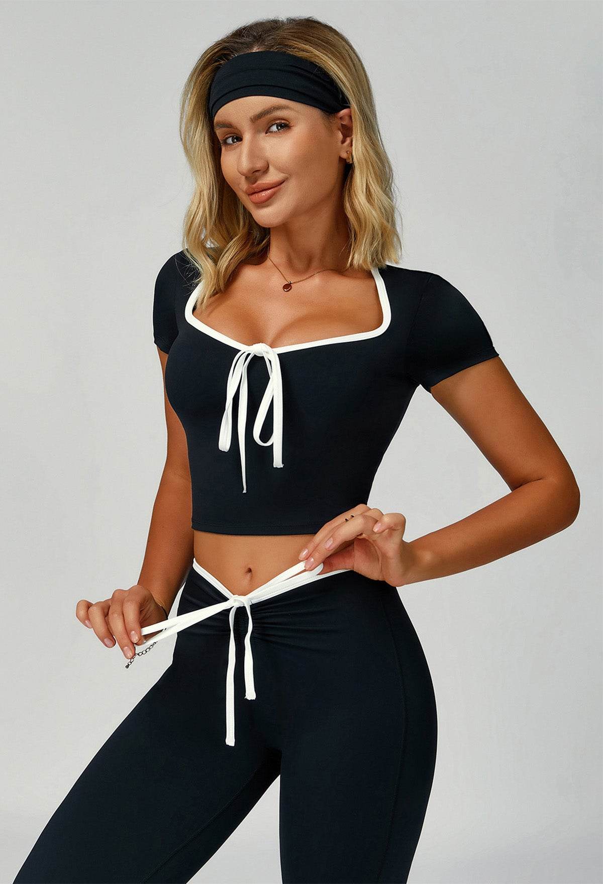 2 Pieces Activewear Set with Bow Crop Tops and Yoga Headband