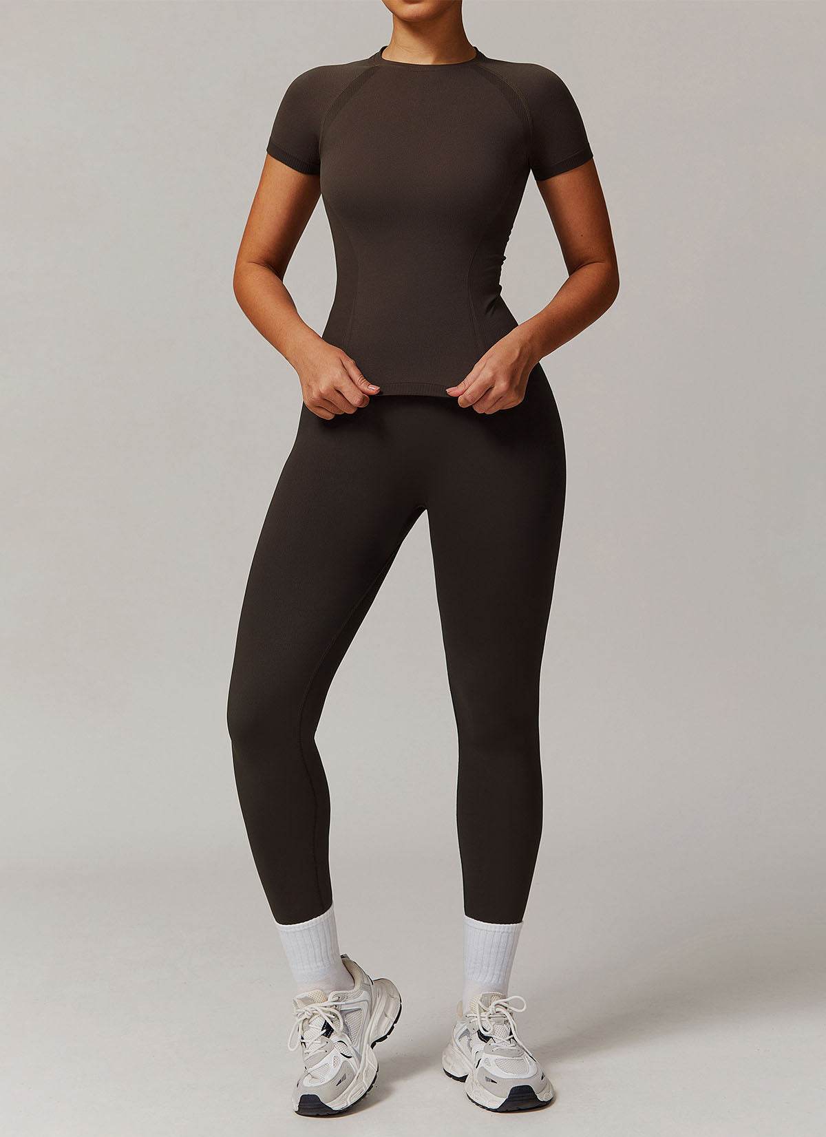 Yoga Wear Set with Short Sleeve T-Shirt and Legging - Dark Brown