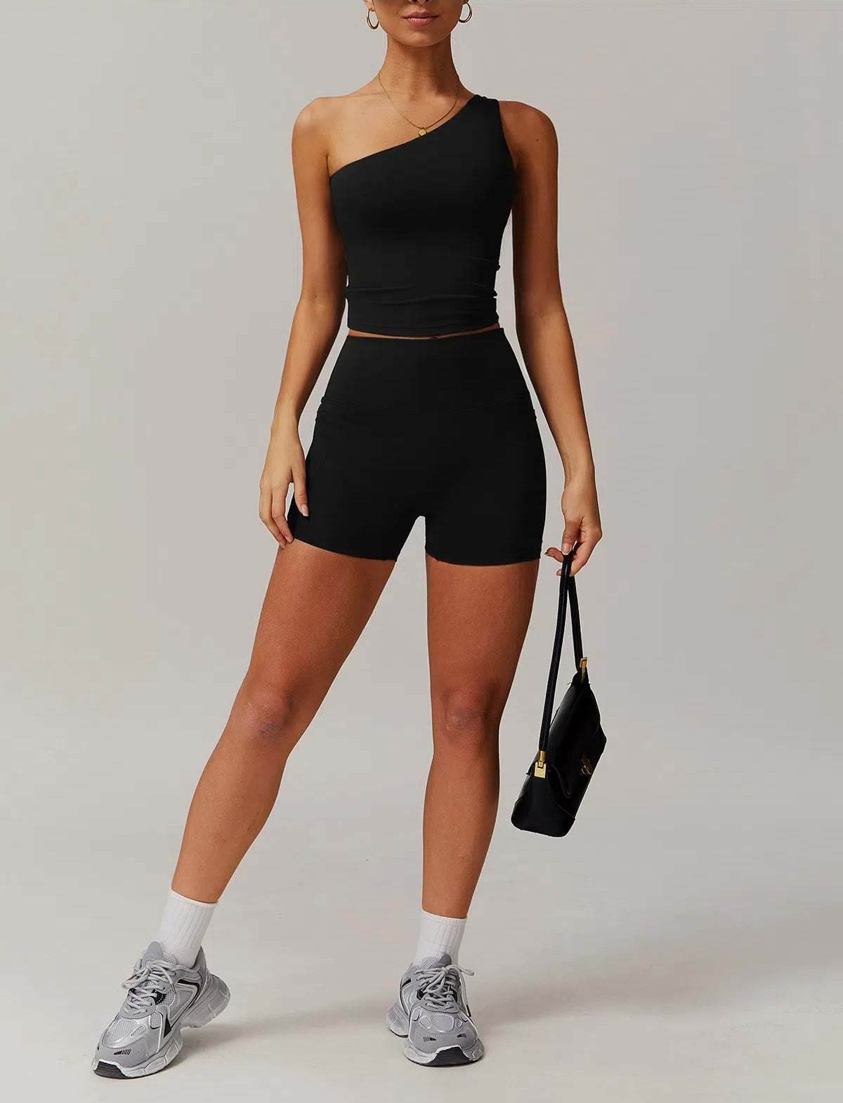 Solid Yoga Set with One Shoulder Tank Top and Short
