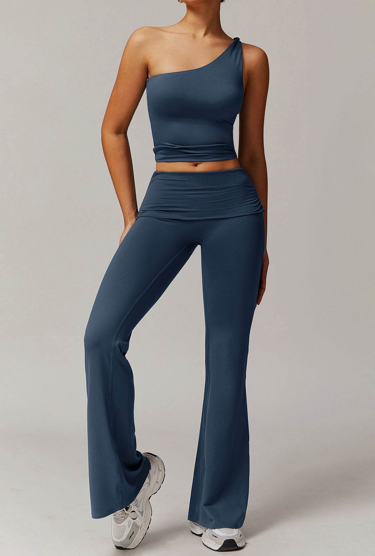 Active Wear Set with One Shoulder Knot Design Tank Top and Flare Pants