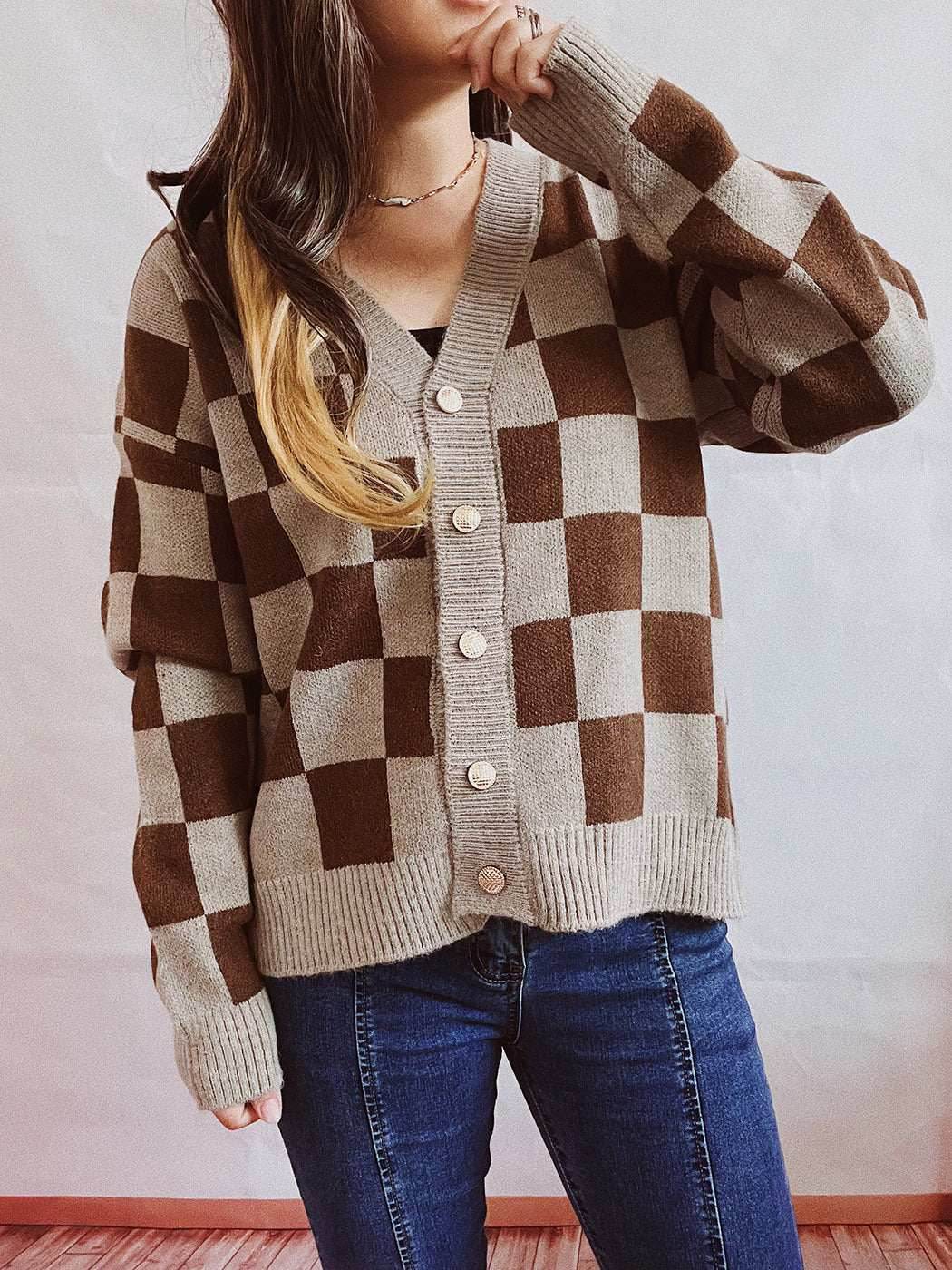 Plaid Color Block Cardigan Sweater
