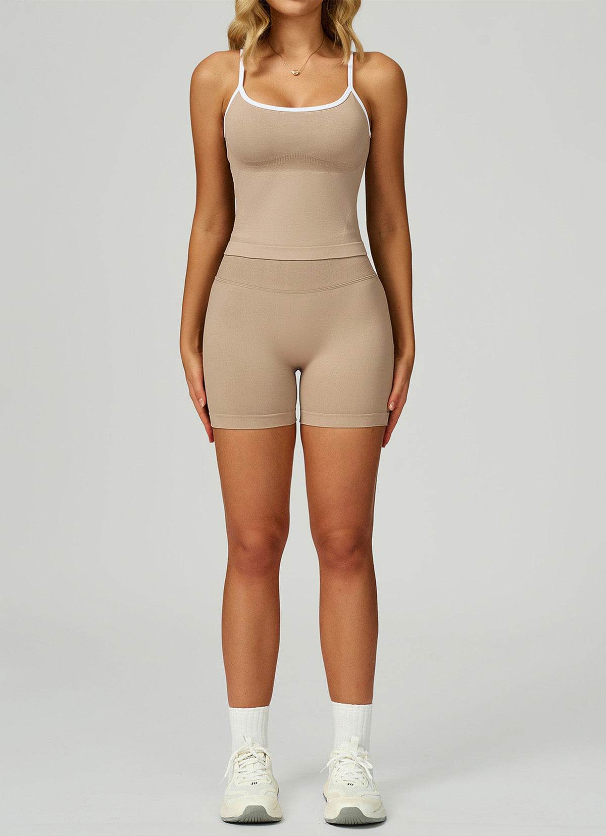 Sport Set with Color Block Tank Top and Short - White Brown