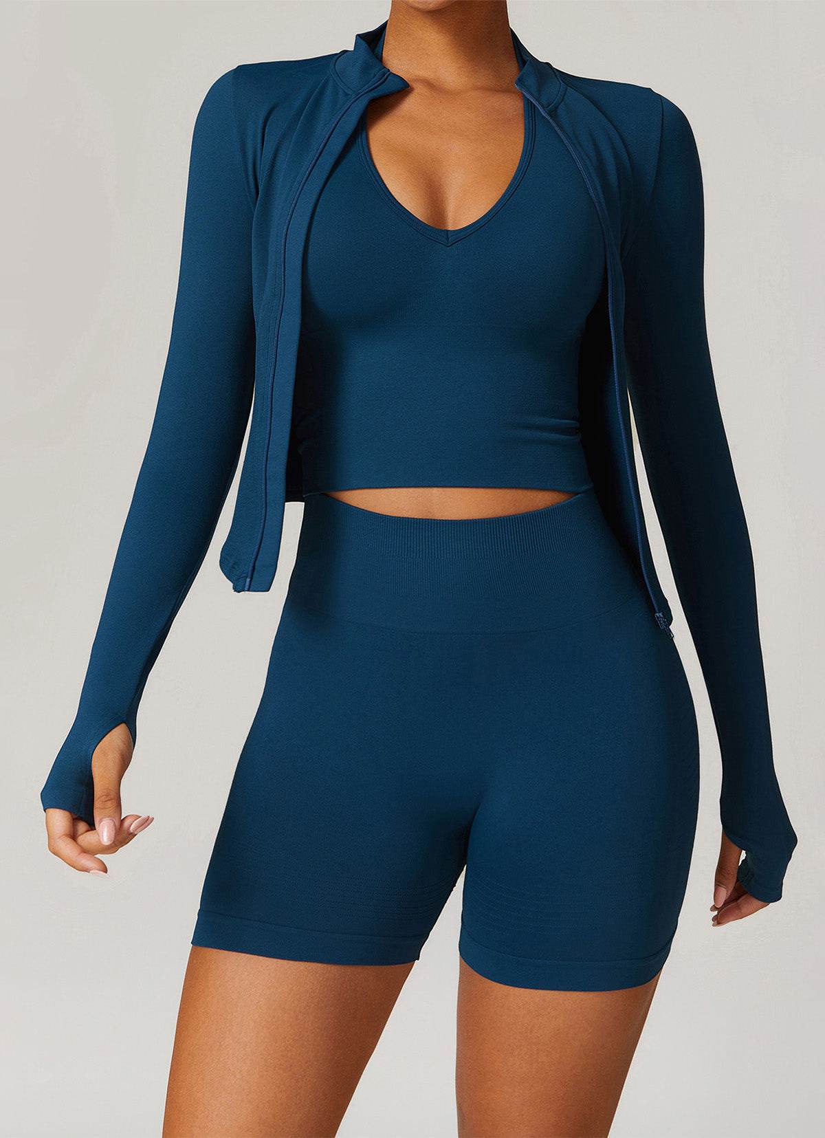 Full Zip Cropped Workout Jacket with Thumb Holes -