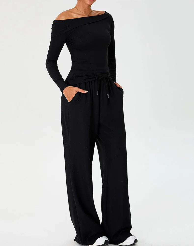 Activewear Set with Asymmetrical Shoulder Top and Sweatpant -