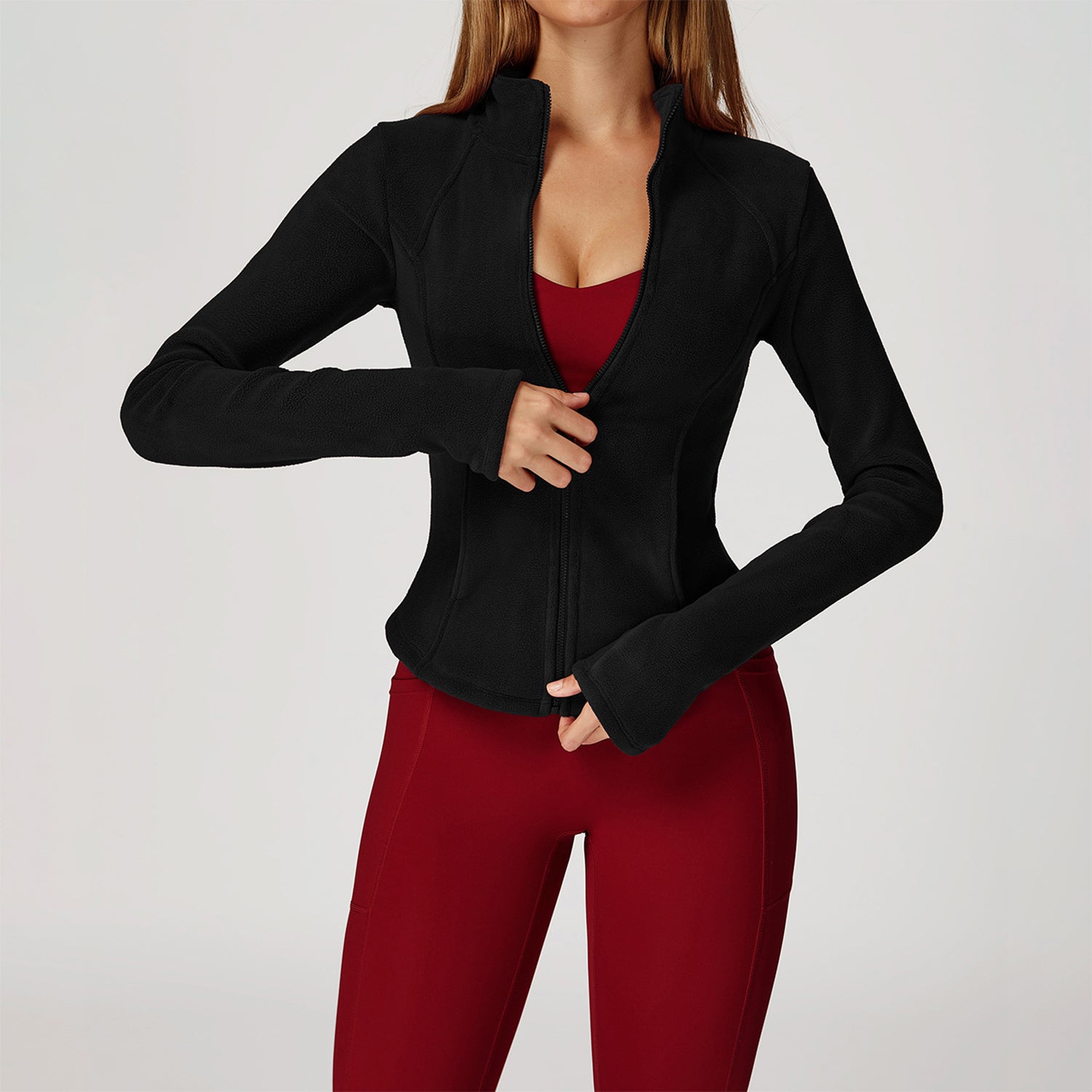 Full Zip Fleece Jacket Long Sleeve Coat with Pockets