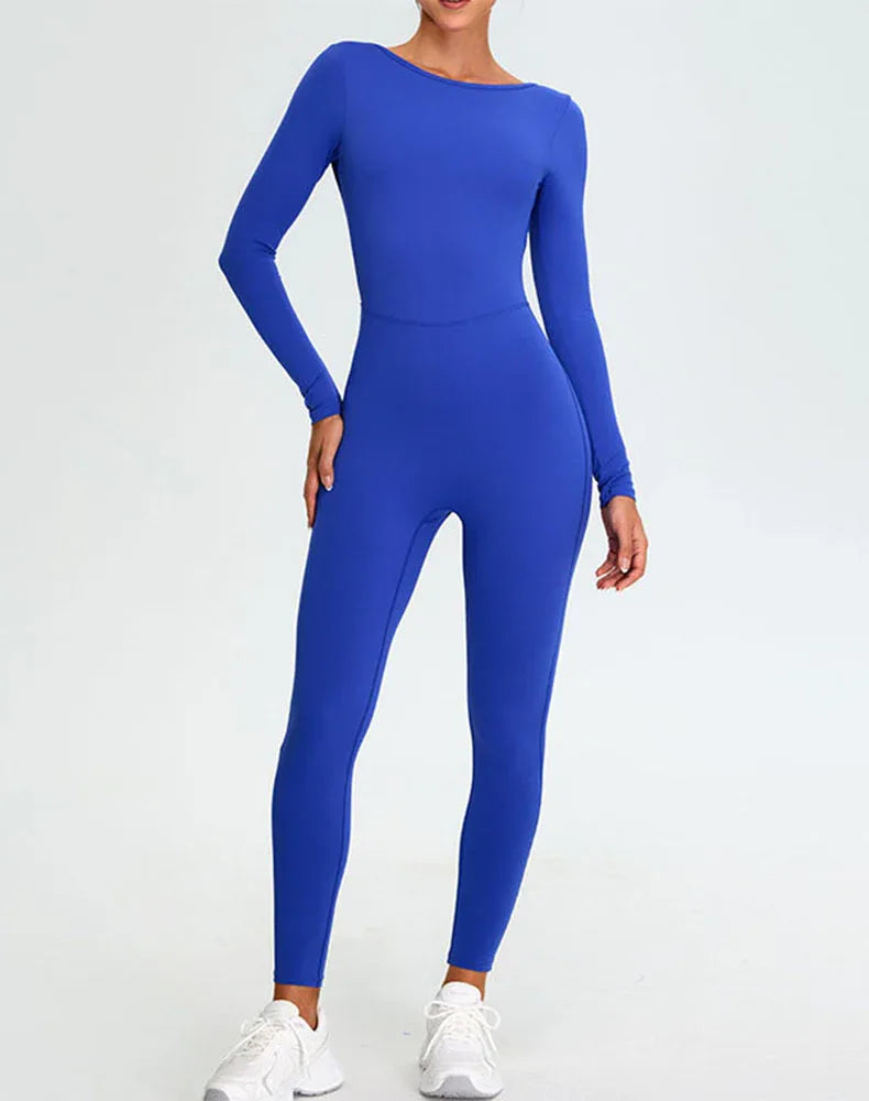 Long Sleeve Backless Workout Jumpsuit One Piece Bodysuit -