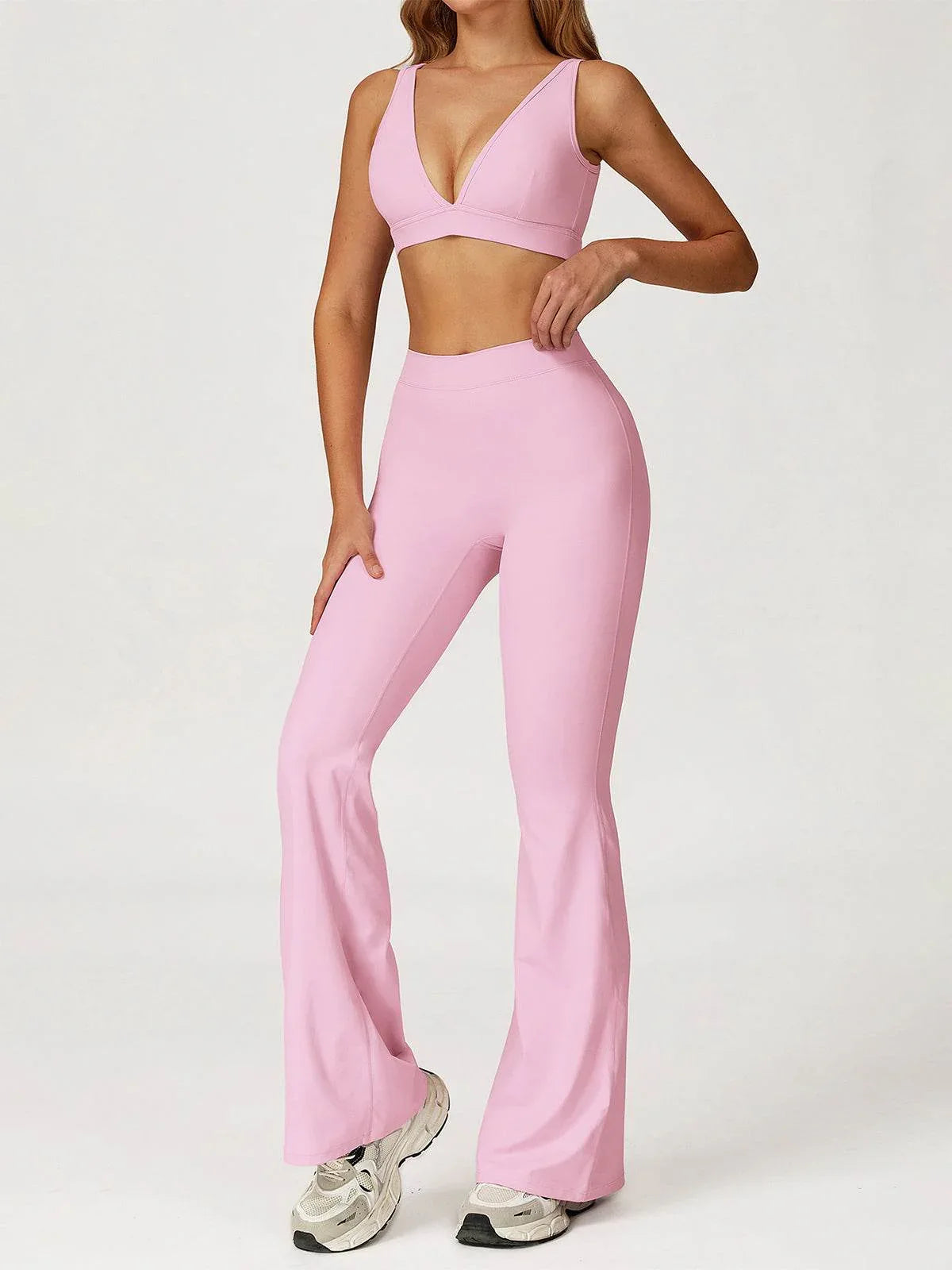 Activewear Set with Deep V-Neck Sports Bra and Flared Pant -