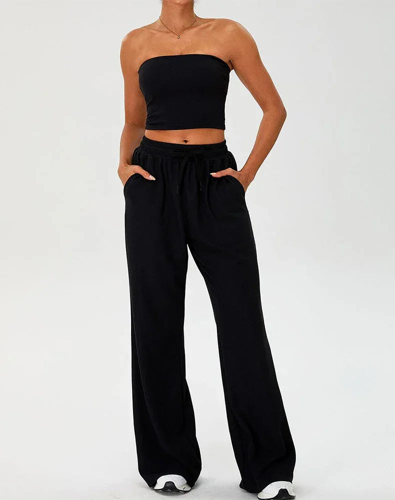 Activewear Set with Strapless Crop Tube Top and Sweatpant -