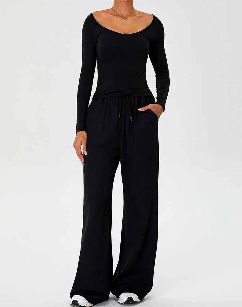 Activewear Set with Curved Neckline Top and Sweatpant -