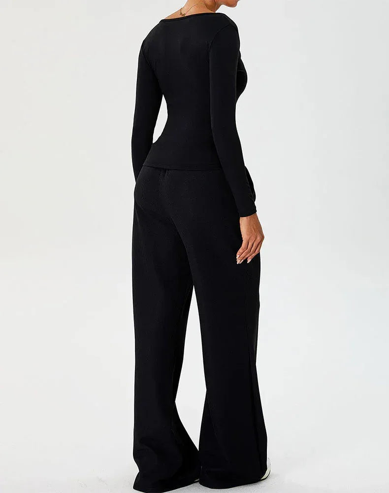 Activewear Set with Curved Neckline Top and Sweatpant -