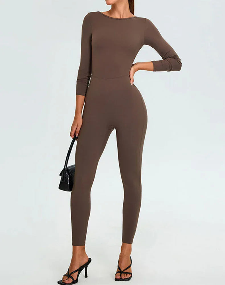 Long Sleeve Backless Workout Jumpsuit One Piece Bodysuit -