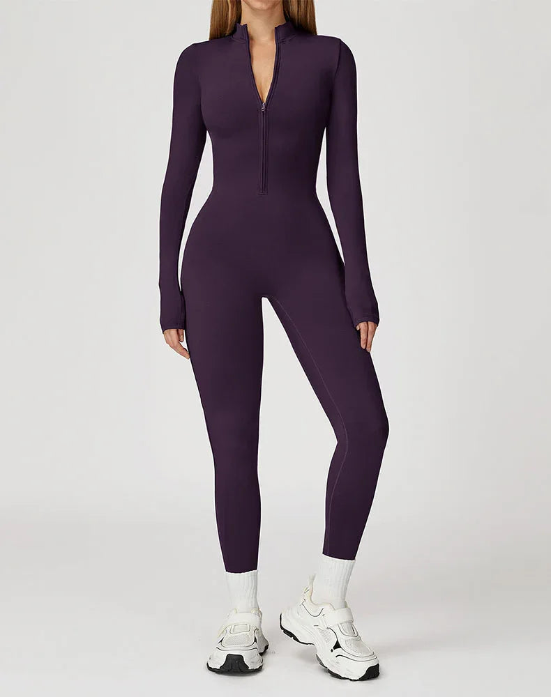 Long Sleeve Workout Jumpsuit Zip Up One Piece Bodysuit - Grape Purple