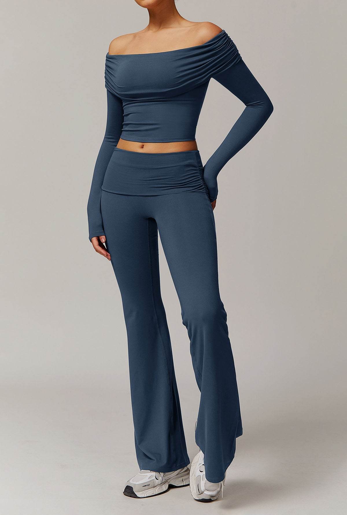 Active Wear Set with Long Sleeve Off Shoulder Crop Top and Flare Pants