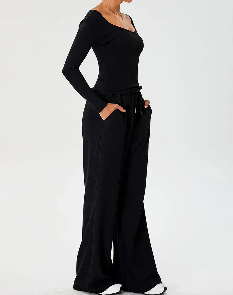 Activewear Set with Curved Neckline Top and Sweatpant -