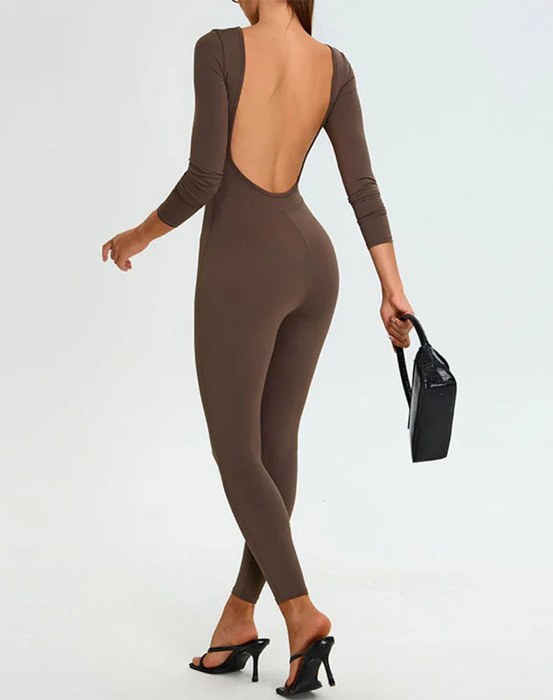 Long Sleeve Backless Workout Jumpsuit One Piece Bodysuit -