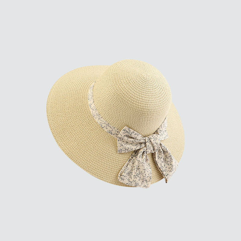 Summer Beach Sun Protection Straw Hat with Floral Bowknot