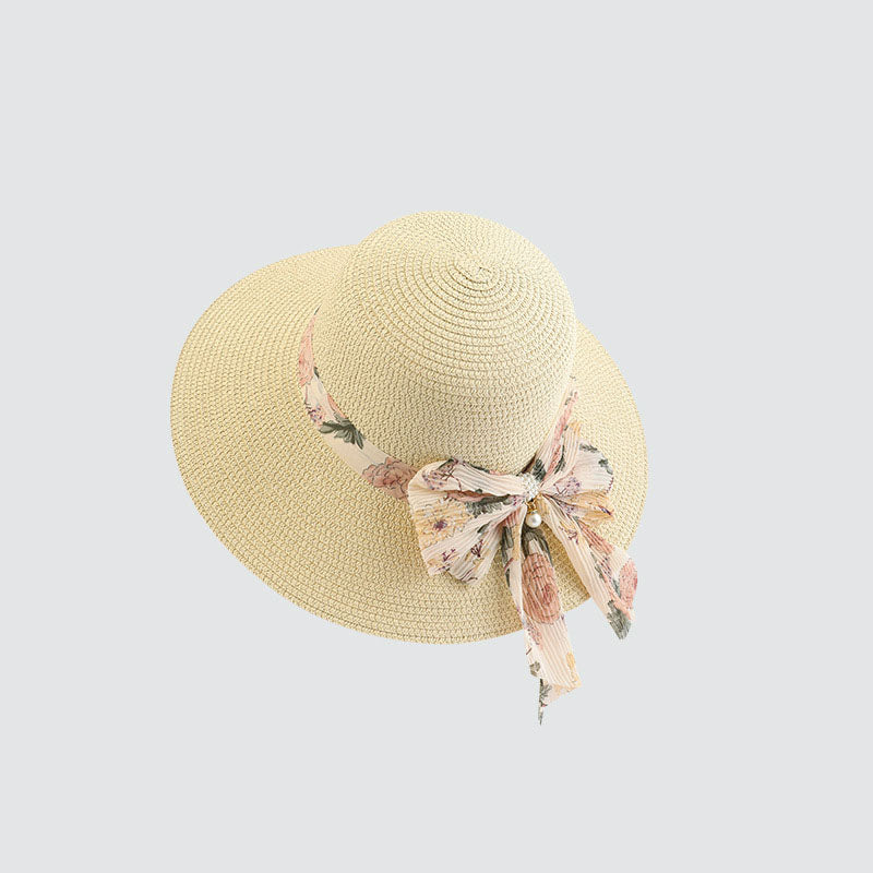 Summer Beach Straw Bucket Hat with Bow Tie