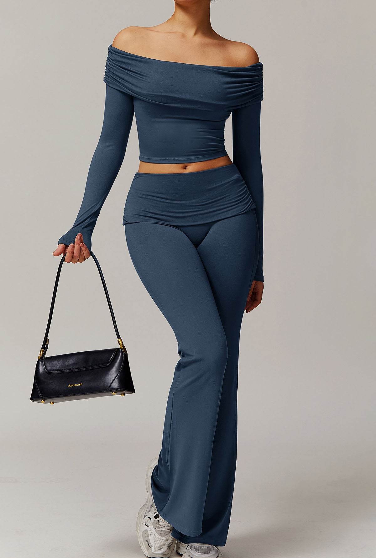 Active Wear Set with Long Sleeve Off Shoulder Crop Top and Flare Pants