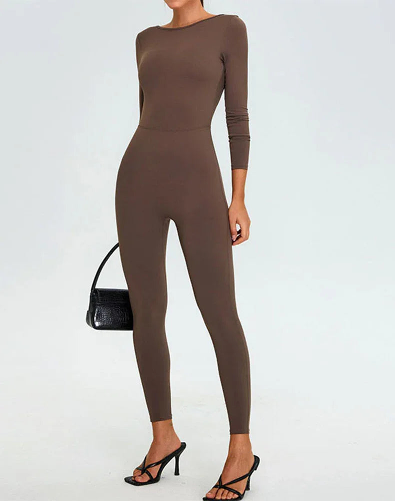 Long Sleeve Backless Workout Jumpsuit One Piece Bodysuit -
