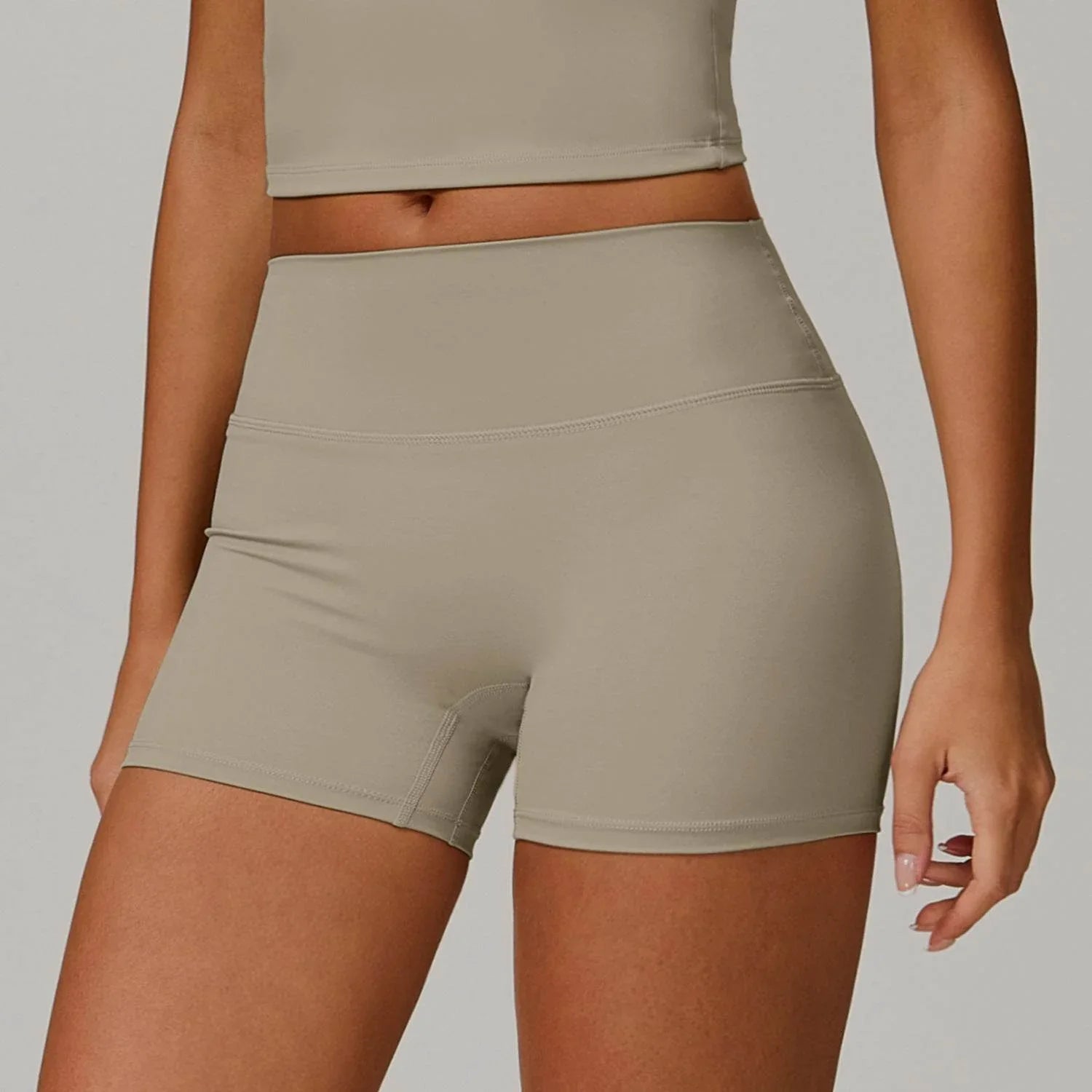 No Front Seam High Waist Biker Shorts - Camel Brown