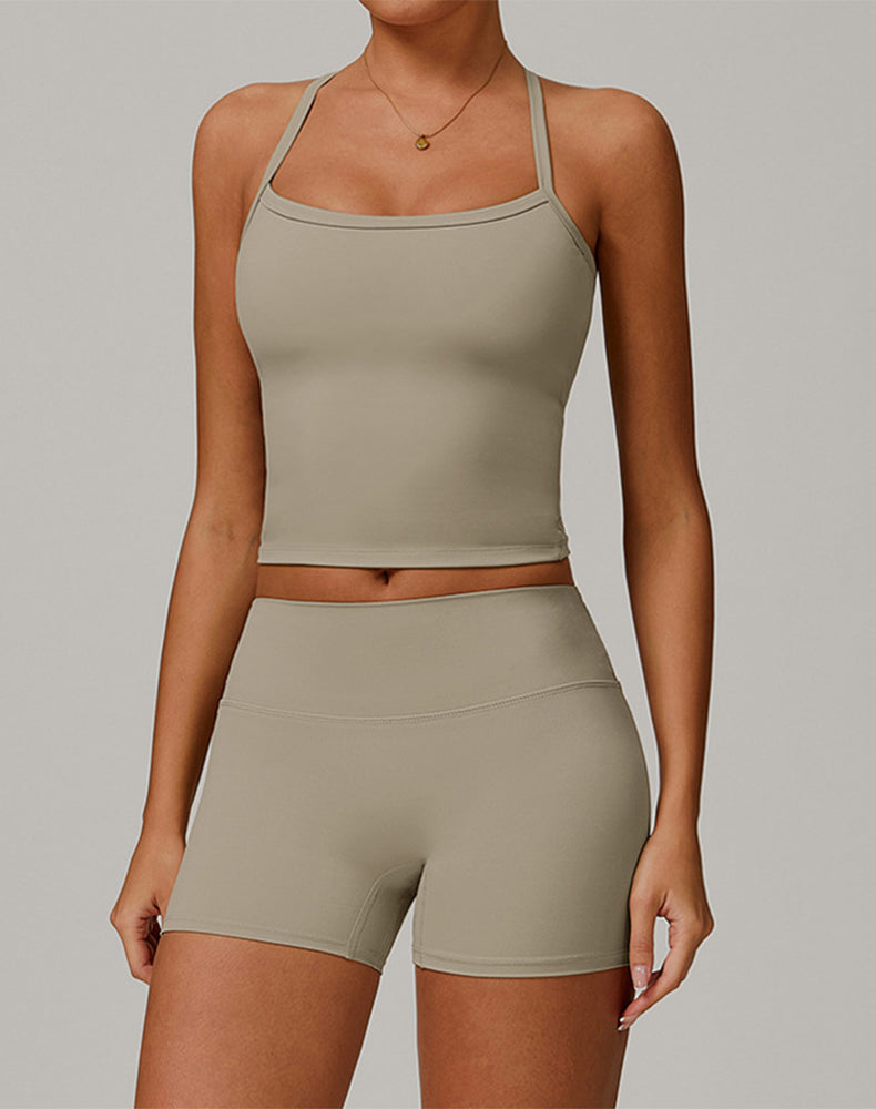 Athletic Wear with Criss Cross Back Tank Top and Short - Camel Brown